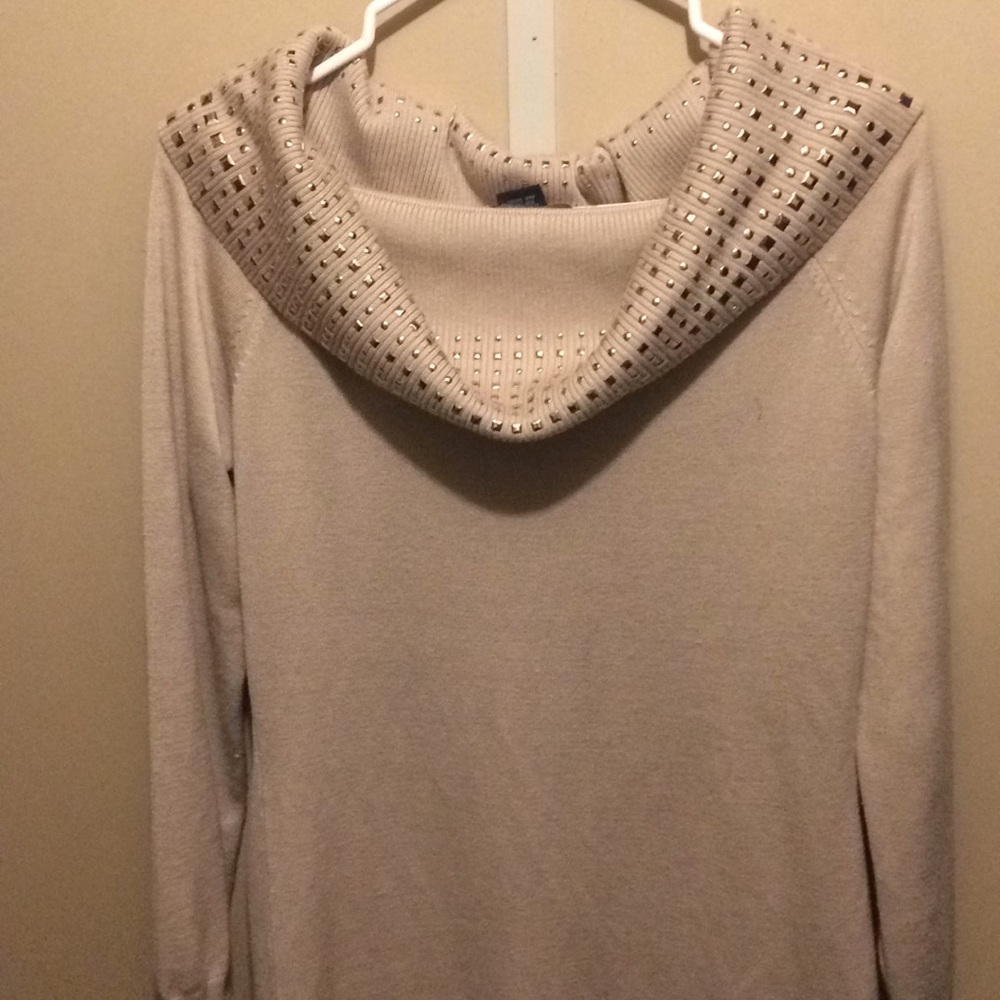 Tan sweater dress.